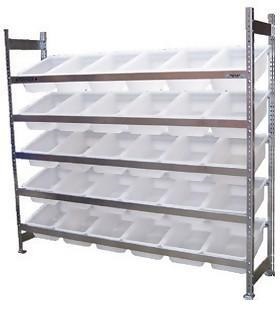 Bin Rack with 5 levels of white Bins