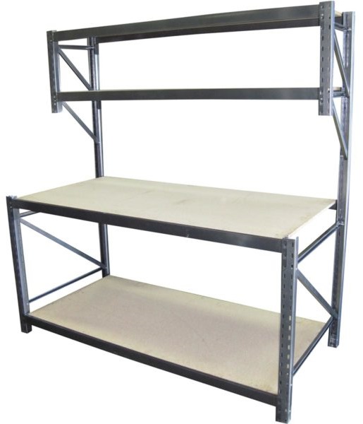 Four tier grey Workbench made from Longspan Shelving materials.