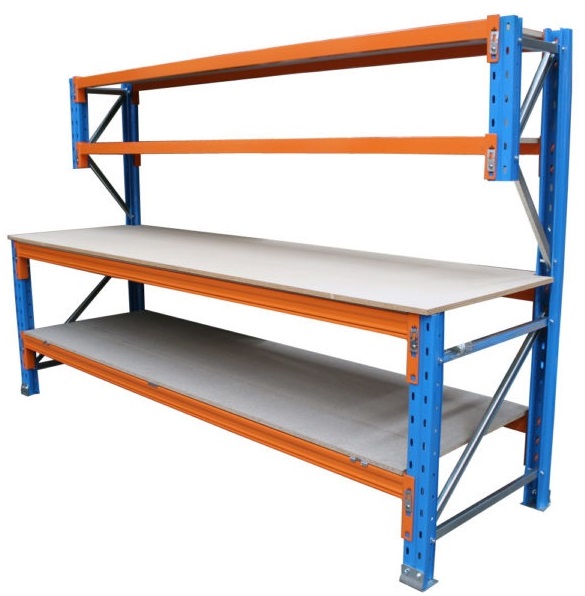 Four tier blue and orange Workbench made from Pallet Racking materials