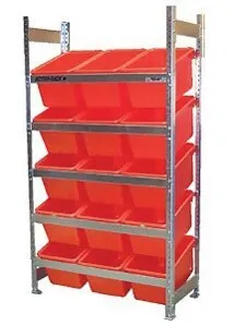 A narrow action rack with five shelf levels of red bins. 