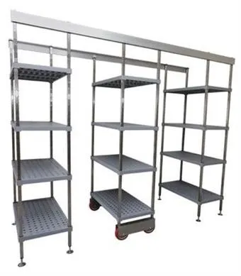 A silver coloured Coolroom Mobile Shelving unit