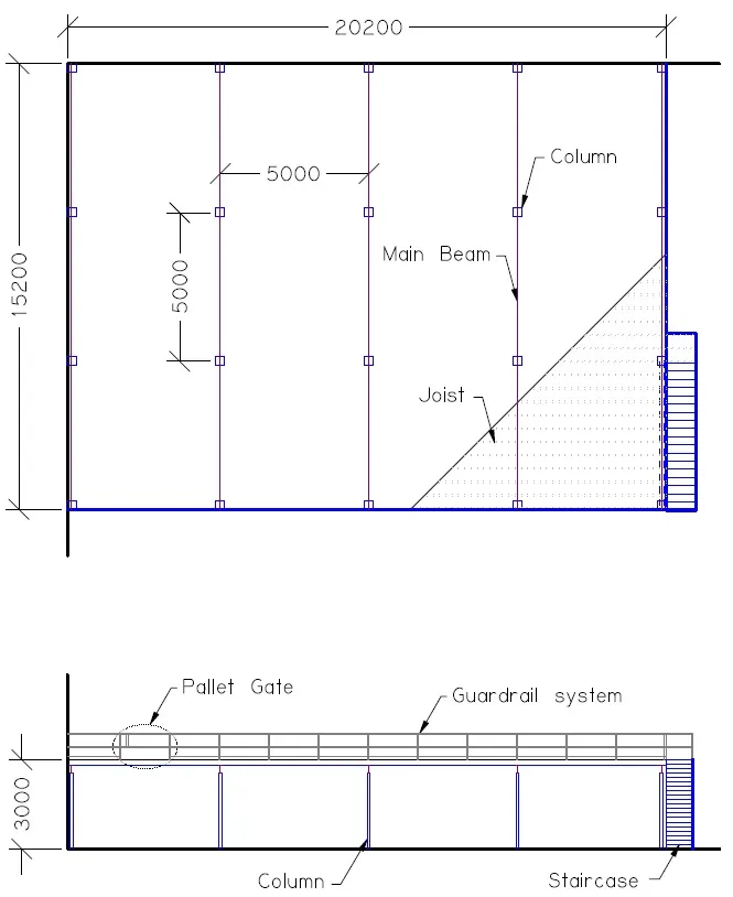 This drawing shows an example of a Plan View and an Elevation showing columns, beams, joists, guardrail and one staircase for a typical Mezzanine Floor design.