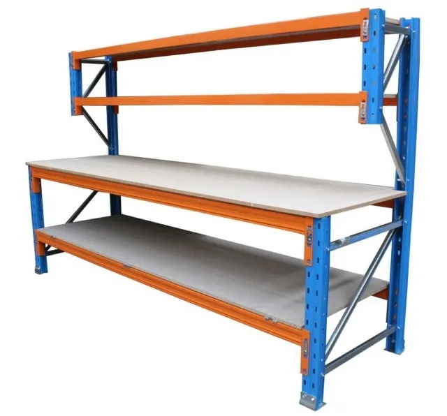 Four tier blue and orange Pallet Racking Workbench made from Pallet Racking materials.