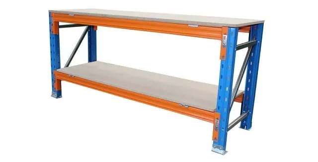 Two tier blue and orange Pallet Racking Workbench made from heavy duty Pallet Racking materials.