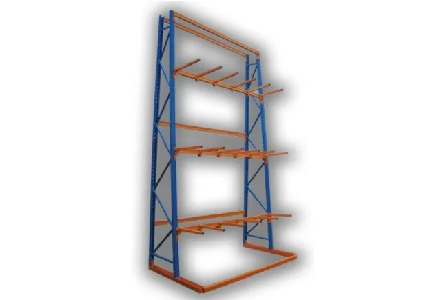 An empty bay of Vertical Racking with blue frames and orange cross beams