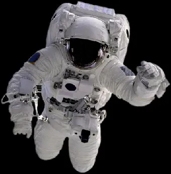 Astronaut in white space suit floating in space without umbilical cord.