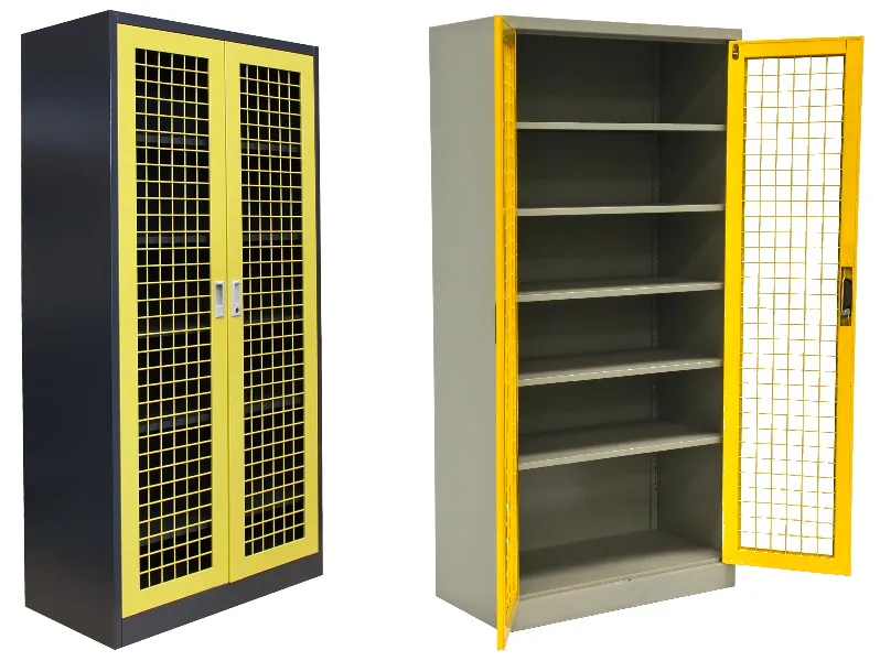 Storage Cabinets with two yellow mesh lockable doors with either black or grey coloured carcass and five adjustable shelves.