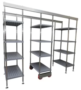 3 bay long Coolroom Mobile Shelving fitted with heavy duty plastic washable shelves.