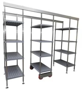 A three bay long coolroom mobile shelving system fitted with heavy duty plastic washable shelves.