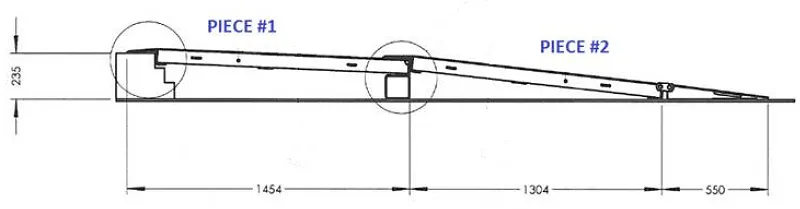 Dimensioned and labelled elevation of Reefer Ramp set showing Piece 1 and Piece 2.