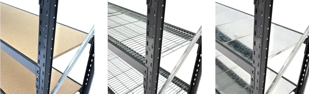 Shelf options with Particlebooard, Steel Mesh Decks and Galvanised Steel Panels shown
