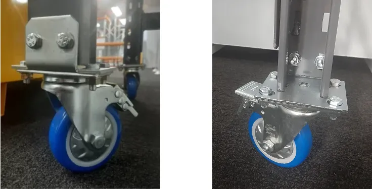 Braked swivel castors pictured from front and rear views