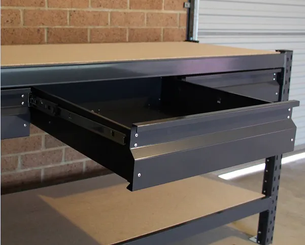 Steel Workbench with dark grey drawer.