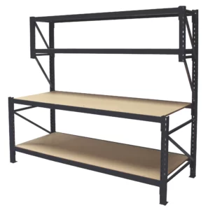 4-Tier dark grey Steel Workbench with bottom shelf and two upper shelves