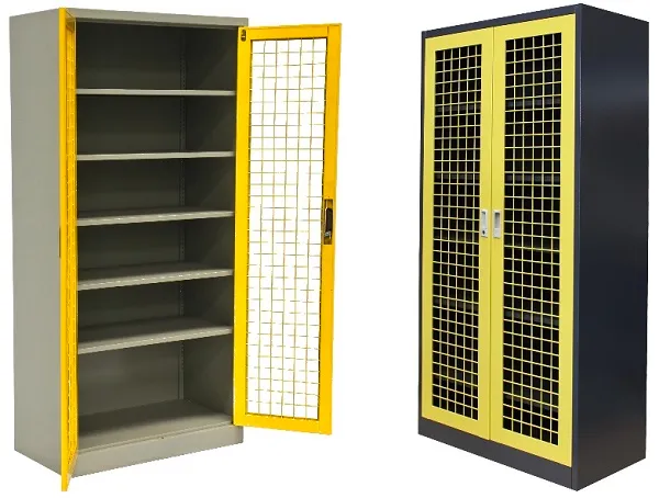 One open and one locked storage cabinet in light grey and graphite ripple finish with yellow mesh doors.