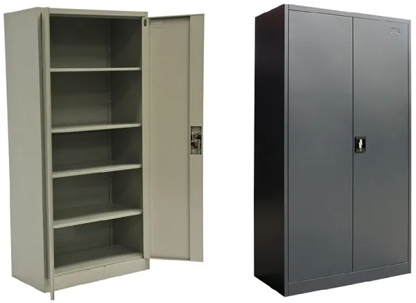 One open and one locked 2-door storage cabinet pictured in light grey and graphite ripple finish.