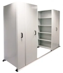 Compactor Shelving Picture of a light grey coloured six bay Storage Compactor.