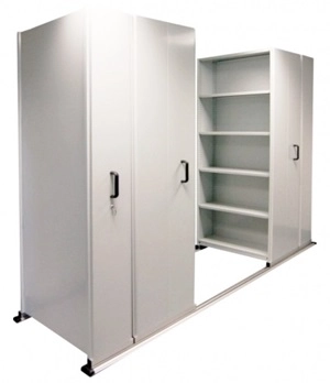 Light grey coloured six bay Compactor Shelving unit