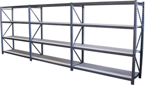 A three-bay run of longspan shelving with four board shelf levels per bay.
