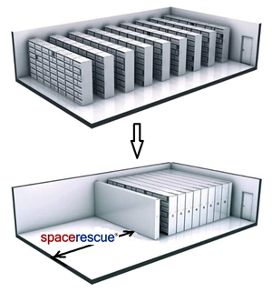 A visual comparison shows the space required with steel shelving versus a storage compactor.