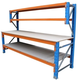 Four tier blue and orange Pallet Racking Workbench made from Pallet Racking materials.