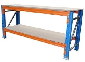 Two tier blue and orange Pallet Racking Workbench made from heavy duty Pallet Racking materials.