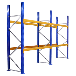 Two bays of Pallet Racking with blue coloured frames and orange coloured beams.