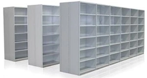 Three double-sided runs of grey coloured Steel Shelving, each 6 bays long.