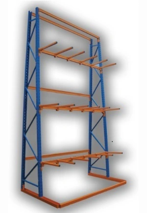 An empty bay of Vertical Racking with blue frames plus orange cross beams and arms.